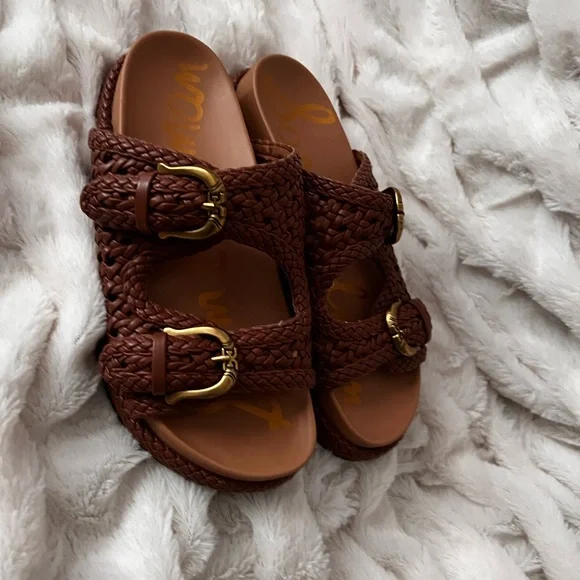 Sam Edelman, Reid, Cognac Woven Double Buckle Platform Sandals - Picture 2 of 9